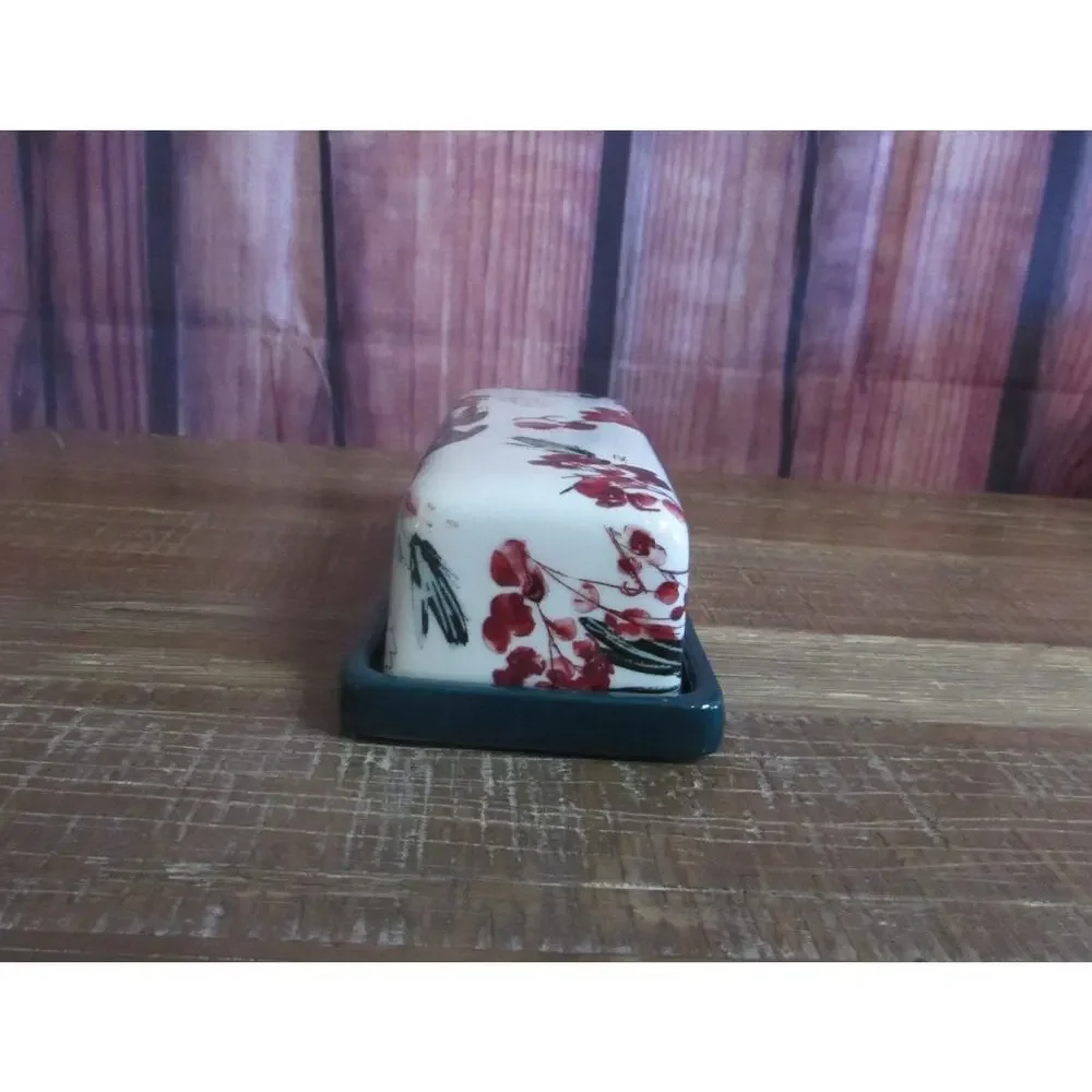Anthropologie Christmas Holly & Pear Butter Dish Retired Holiday Stoneware